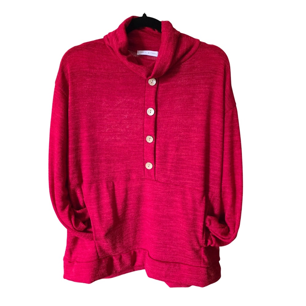 CHRIS & CAROL Red Textured Button Neck Cowl Neck Long Sleeve Top Women L